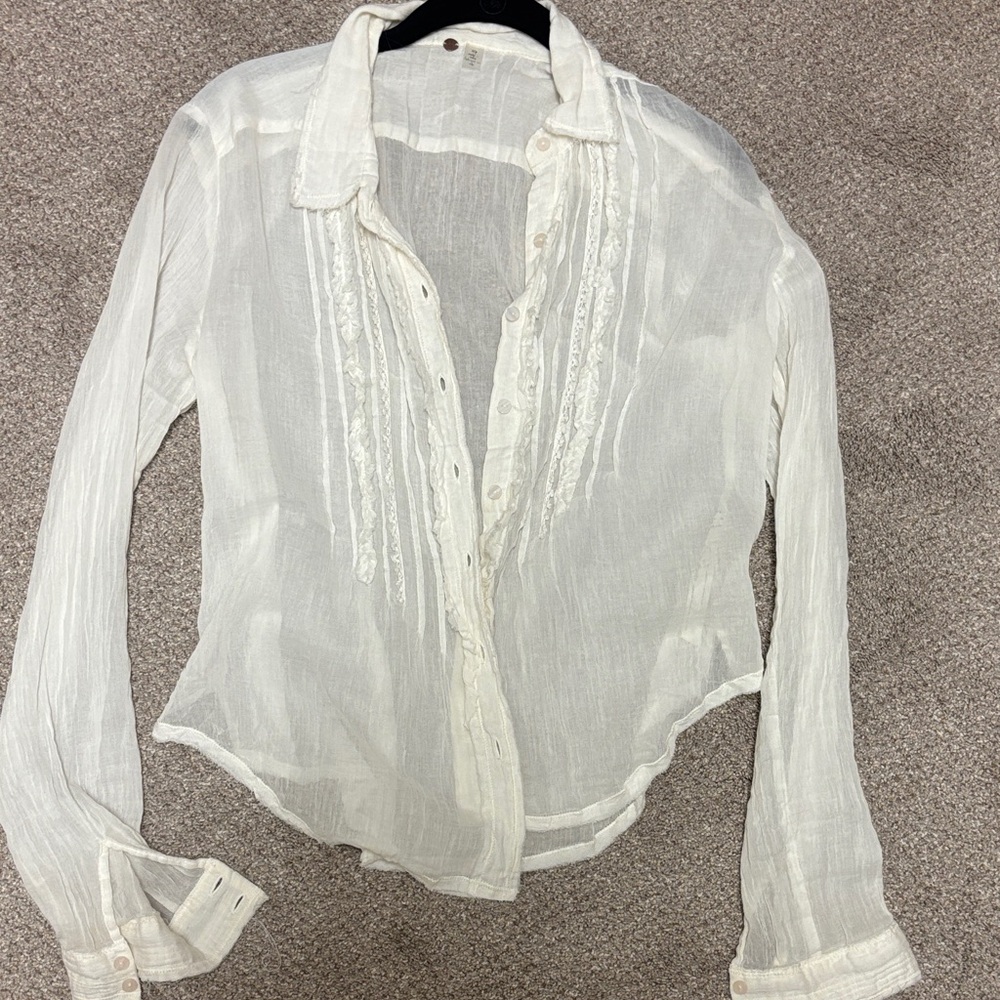 Free People Sheer White Lace-Trim Button-Up Blouse